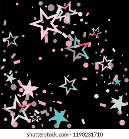 Christmas colorful stars confetti falling, isolated on black. Magic shining flying stars and glitter dots sparkle cosmic backdrop