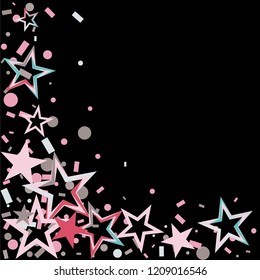 Christmas colorful stars confetti falling, isolated on black. Magic shining flying stars and glitter dots sparkle cosmic backdrop
