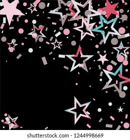 Christmas colorful stars confetti falling, isolated on black. Magic shining flying stars and glitter dots sparkle cosmic backdrop