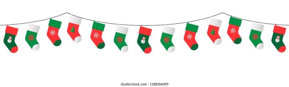 christmas colorful stockings (red, green, white) garland for winter seasson vector isolated on white background