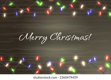 Christmas colorful string lights on wooden background vector