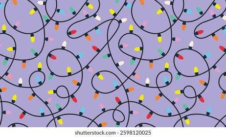 Christmas colorful string lights on a lavender background, creating a whimsical and festive decorative pattern.