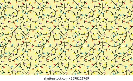 Christmas colorful string lights on a pale yellow background, creating a bright and cheerful festive pattern.