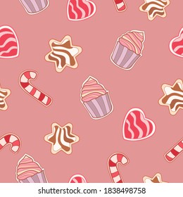 Christmas colorful sweets of muffin, heart, lollipop and star on calm pink background. Seamless food doodle winter pattern. Suitable for wrapping paper, textile, wallpaper.