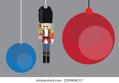 Christmas colorful toys and Christmas tree balls with nutcracker.
