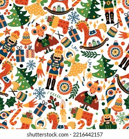 Christmas colorful vector seamless Nutcracker pattern. Can be used for wallpaper, pattern fills, web page background, surface textures.