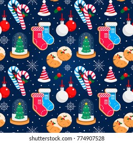 Christmas colorful wrapping paper for holidays and gifts. Seamless background made with winter illustrations