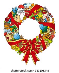 Christmas colorful wreath. Doodle pattern with balloons, bells, sweets, Christmas socks, gifts, mittens, envelope, letter, tree, stars, candle, bird, snowman, ball, bow, heart and Santa Claus.