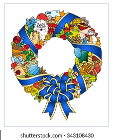 Christmas colorful wreath. Doodle pattern with balloons, bells, sweets, Christmas socks, gifts, mittens, envelope, letter, tree, stars, candle, bird, snowman, ball, bow, heart and Santa Claus.