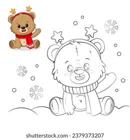 Christmas coloring book with bear. Cute teddy bear in doodle style on a white background. Сoloring according to the sample. Vector illustration