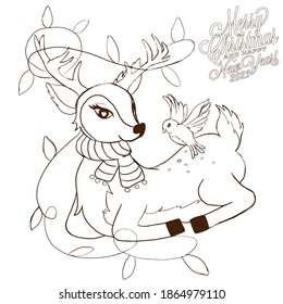 Weihnachtsfarbenbuch für Kinder und Erwachsene mit Hirsch und Grasland. Fröhliches neues Jahr und frohe Weihnachten. Neujahrskarte.