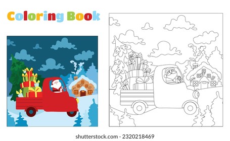 Libro navideño para niños y adultos. Santa Claus corre y viaja en un camión con reno. Escena navideña en dibujos animados de estilo plano.