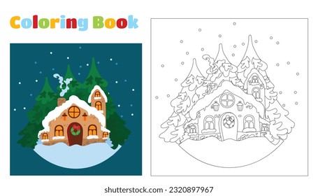 Christmas coloring book for children and adults. Snow covered house of Santa Claus. Christmas scene in cartoon flat style. A feeling of holiday and coziness.