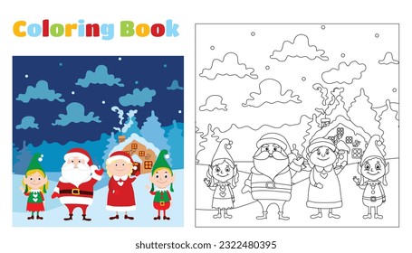 Christmas coloring book for children and adults. A feeling of celebration and fun.Santa Claus, Mrs. Santa and little pretty elves are standing in front of their house.