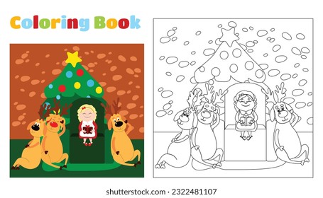 Christmas coloring book for children and adults. Mrs. Santa Claus is reading a book Reindeer in a house. Mother Christmas is sitting on a chair near a decorated Christmas tree. Cartoon characters.