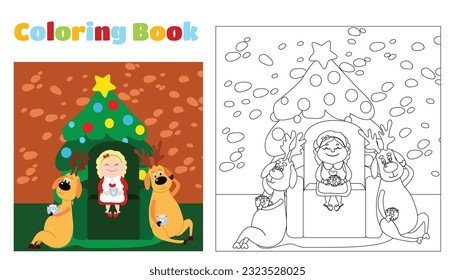 Christmas coloring book for children and adults. A feeling of celebration and fun. Mrs. Santa Claus and three deer sitting on a chair near a decorated Christmas tree. Cartoon characters.