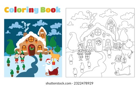 Christmas coloring book for children and adults.A snowman with a sleigh and elves are standing near Santa Claus' house. A fabulous evening landscape.