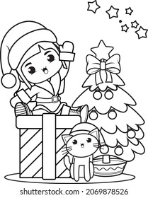 Christmas coloring book with cute girl