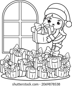 Christmas coloring book with cute girl
