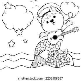 Christmas coloring book with cute husky mermaid