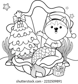 Christmas coloring book with cute husky mermaid