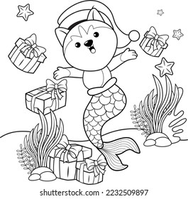 Christmas coloring book with cute husky mermaid