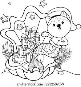 Christmas coloring book with cute husky mermaid