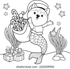 Christmas coloring book with cute husky mermaid