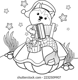Christmas coloring book with cute husky mermaid