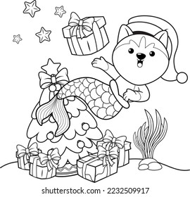 Christmas coloring book with cute husky mermaid