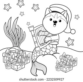 Christmas coloring book with cute husky mermaid