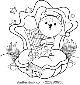 Christmas coloring book with cute husky mermaid