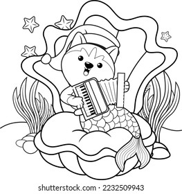 Christmas coloring book with cute husky mermaid