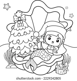 Christmas coloring book with cute mermaid girl