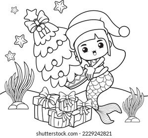 Christmas coloring book with cute mermaid girl