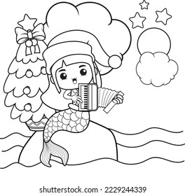 Christmas coloring book with cute mermaid girl