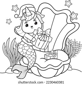 Christmas coloring book with cute unicorn mermaid