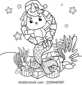 Christmas coloring book with cute unicorn mermaid