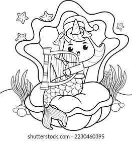 Christmas coloring book with cute unicorn mermaid