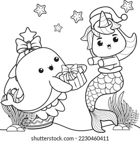 Christmas coloring book with cute unicorn mermaid