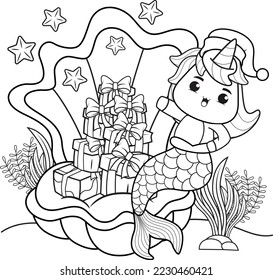 Christmas coloring book with cute unicorn mermaid