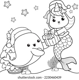 Christmas coloring book with cute unicorn mermaid