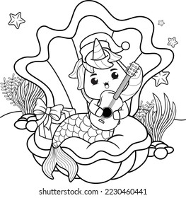 Christmas coloring book with cute unicorn mermaid