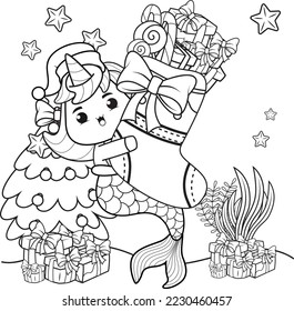 Christmas coloring book with cute unicorn mermaid