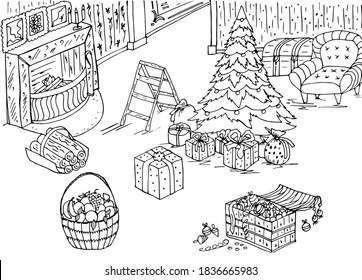 Christmas coloring book with fireplace, toys, Christmas tree, holiday decorations, furniture in the room. Vector illustration for New year background, greeting card, decoration, design, poster, sticke