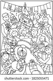 Christmas coloring book for kids. Santa Claus with children, parents, grandparents, adults at the Christmas tree at home. Party at school, kindergarten. Hand drawn vector coloring page.