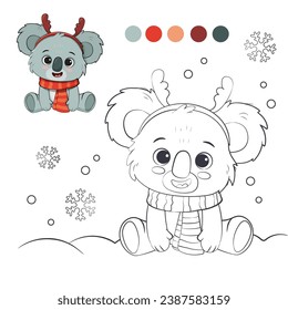 Weihnachtsfarbenbuch mit Koala-Bär. Cute koala im Doodle-Stil auf weißem Hintergrund. С Färben nach der Probe. Vektorgrafik