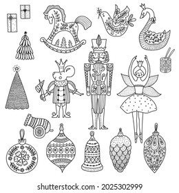 Christmas coloring book the Nutcracker. Magic vector illustration. Set.