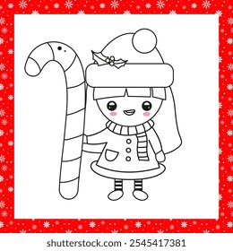 Christmas coloring book page with cute little girl in Santa costume with candy