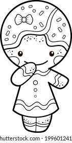 Christmas coloring book or page for kids. Gingerbread man black and white vector illustration
